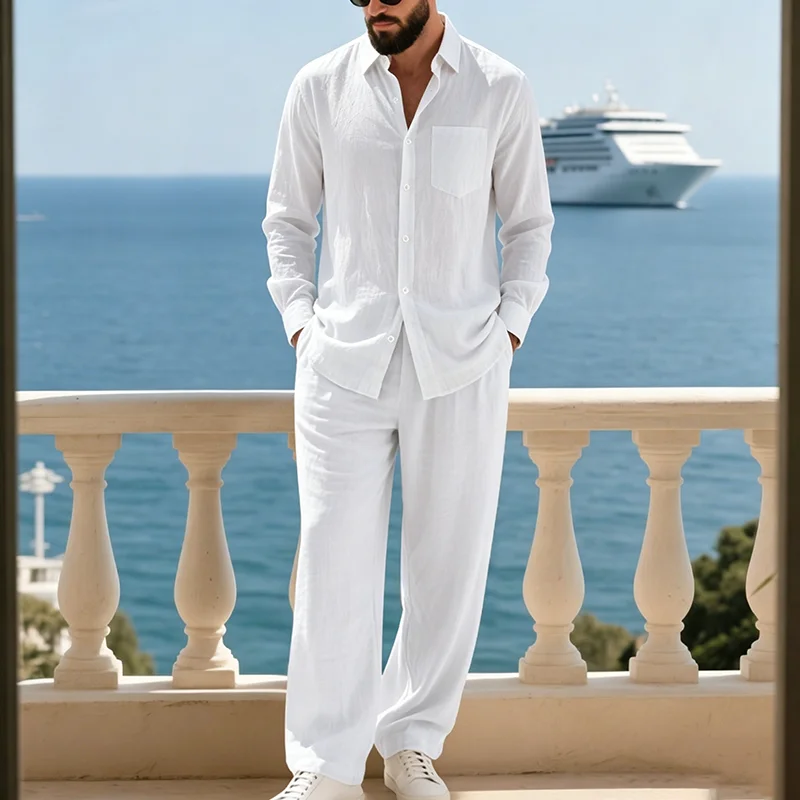 Men's American Style Autumn Casual Linen Point Collar Shirt And Solid Color Pants Set Comfortable Breathable 2 Piece Outfits