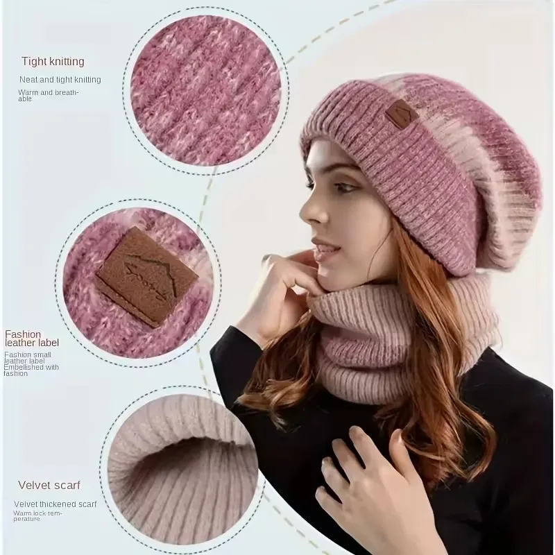 2 قطعة وشاح الشتاء الدافئ التزلج طقم قبعات للجنسين محبوك لونين الربط سميكة الكشمير قبعة في الهواء الطلق الدراجات ركاب الإكسسوارات #3