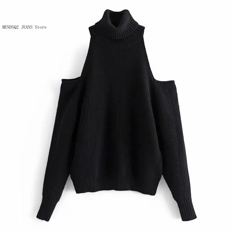 Autumn and Winter Off Shoulder Knitted Sweater Women\'s High Neck Loose Casual Fashion Sexy Knitted Pullover