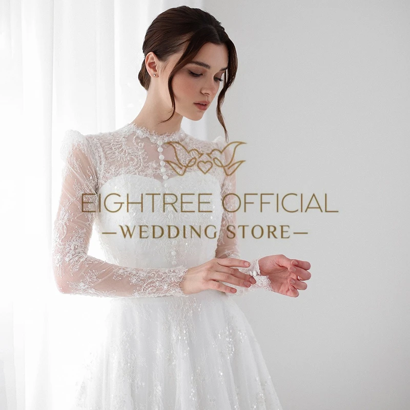 Eightree Elegant A-Lineชุดแต่งงาน 2025 แขนยาวลูกไม้Glitterชุดเจ้าสาวBoho Beach Wedding Prom Ball Gownsที่กําหนดเอง