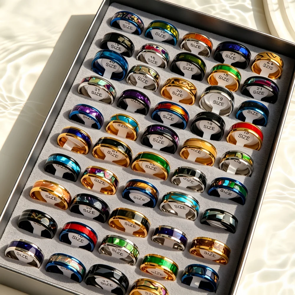 12/24/36Pcs Fashion Multicolor Shell Inlay Stainless Steel Ring For Men Women Trendy Wide Band Finger Mix Jewelry Daily Gifts
