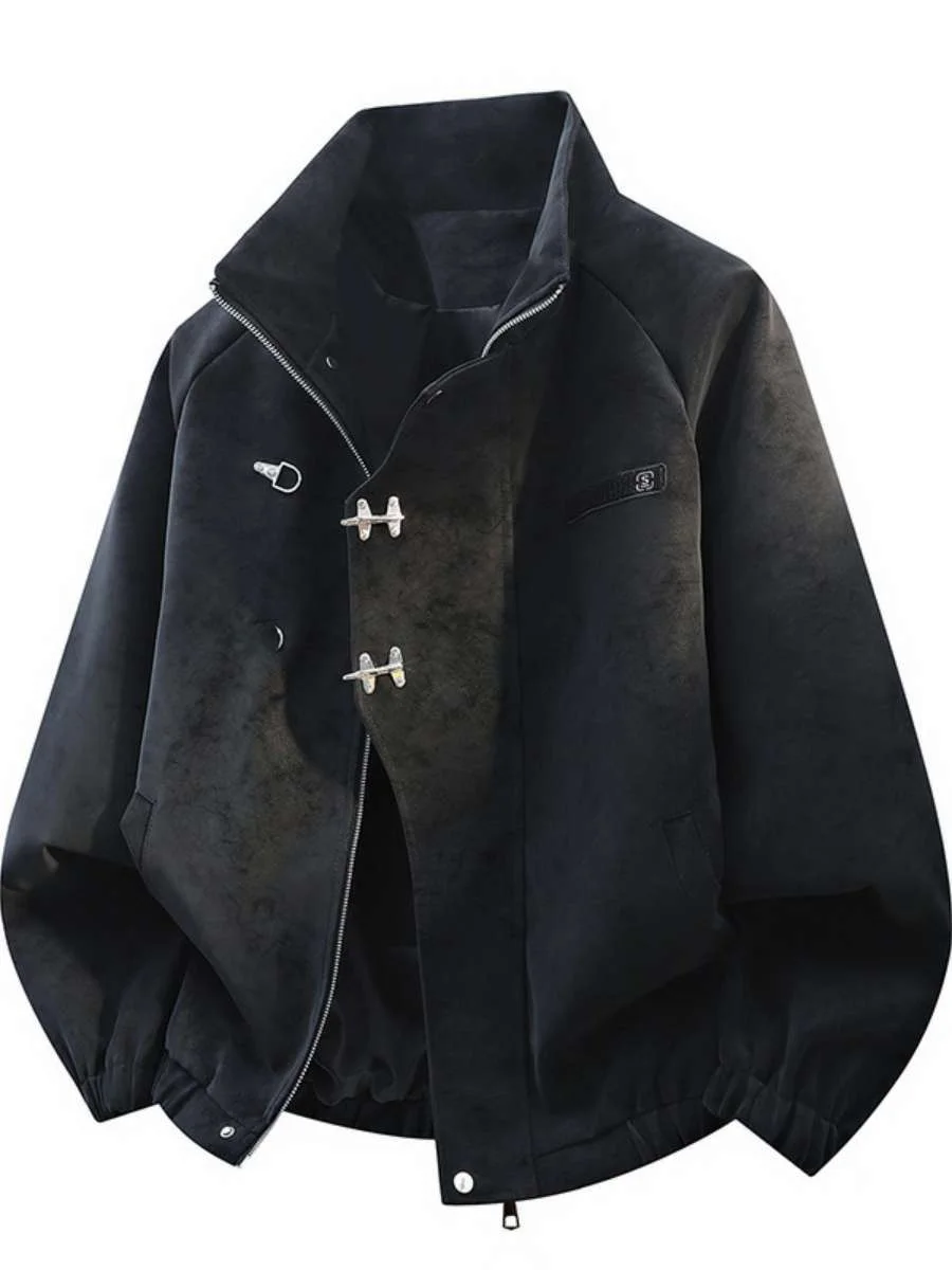 

Casual Tie-Dye Leather Jaet New Chinese Sle Retro High Street Outerwear for Couples Spring Season Youth Five-Quarter Sve