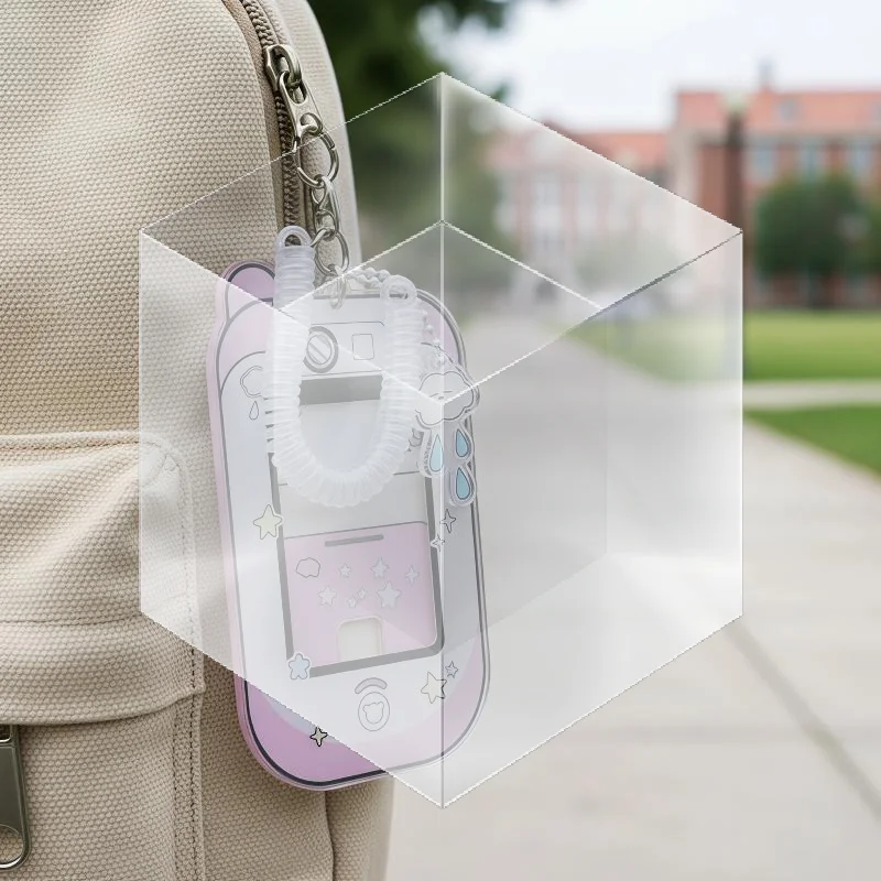 Cute Camera Shaped Acrylic Photo Card Holder with Coil Lanyard Clear Window Dustproof for Idol Card Bank Card Storage