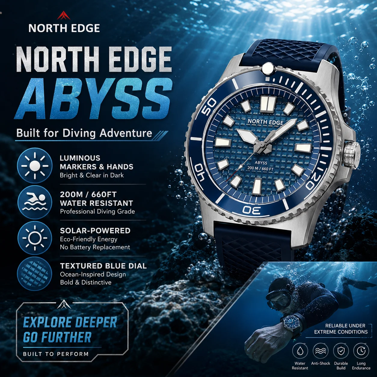 2026 NEW NORTH EDGE ABYSS Solar Powered Dive Quartz Luxury Watch 200M Waterproof Dive Sports Watches 316L Steel 180+ Day Power