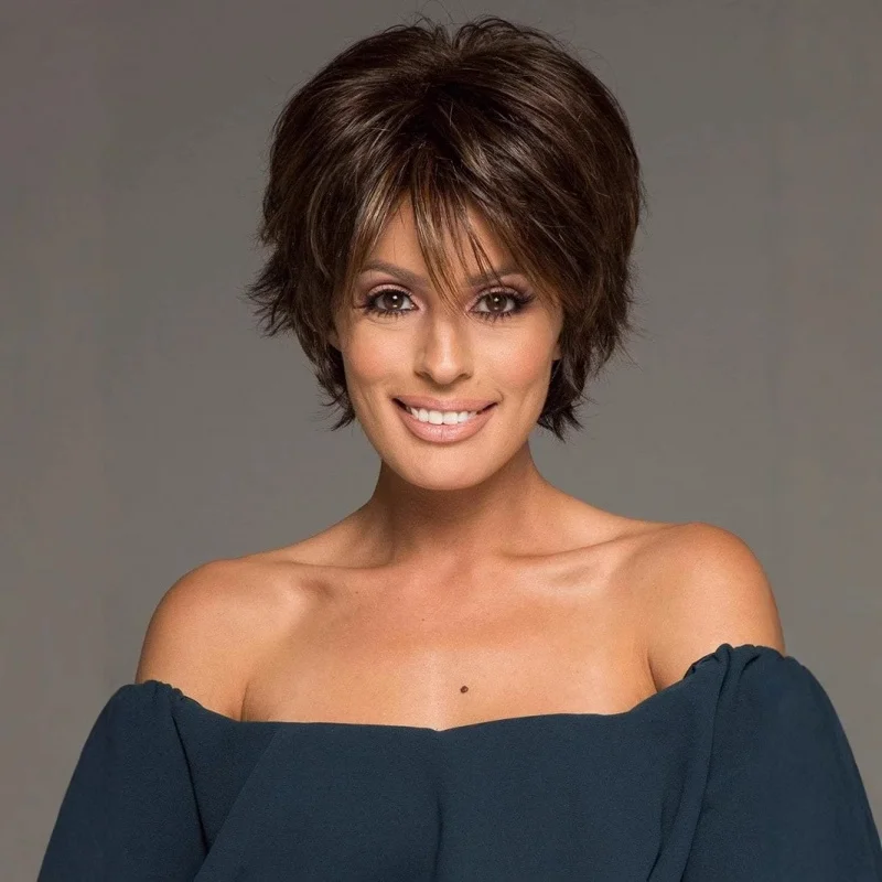 

straight , European and American style women's short curly wig, fashionable upturned brown synthetic fiber