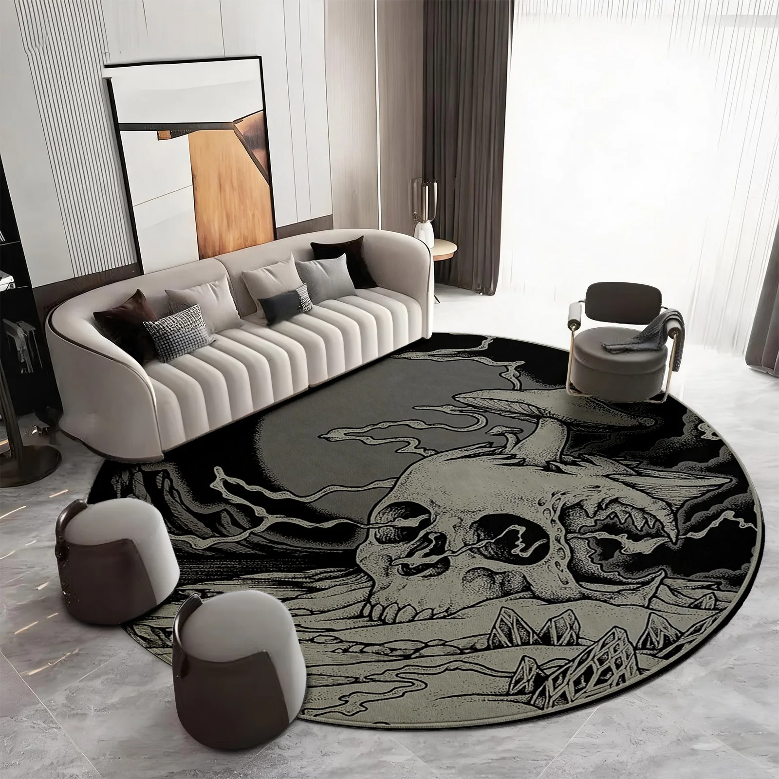 Statement Round Skull Print Area Rug Gothic Halloween Decor Mat Carpet for Living Room Bedroom Trendy Bohemian Grunge Style Home