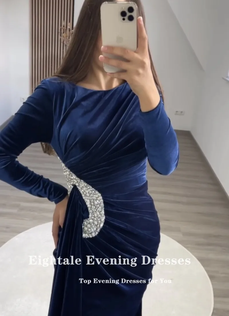 Eightale Velvet Evening Dress for Wedding Party O-Neck Beaded Long Sleeves Mermaid Dubai Arabic Formal Celebrity Prom Gowns