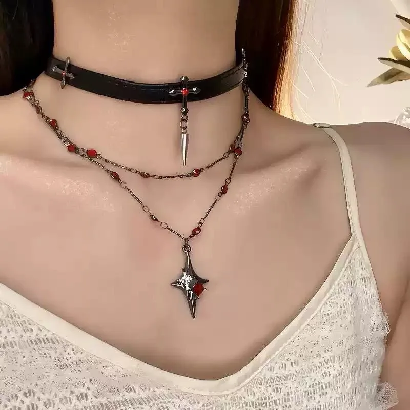 Punk Dark Creativity Personality Gothic Rock and roll Cross Leather Stainless steel Necklace Clavicle chain