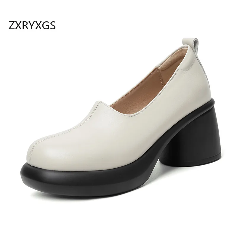 ZXRYXGS High Quality Genuine Leather Shoes Woman Pumps Shoes 2024 Temperament Elegant High Heels Fashion Show Shoes Black Beige