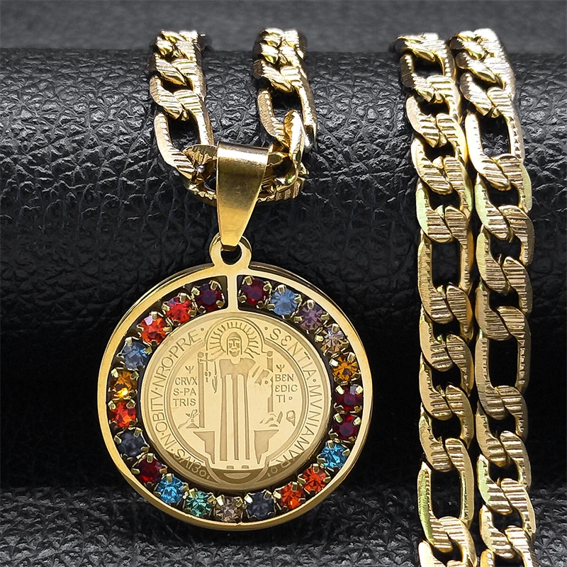LLR-collar con medalla de San Benito de cristal colorido para hombre y mujer, collares de cadena de Color dorado de acero inoxidable, joyería San Benito N8391