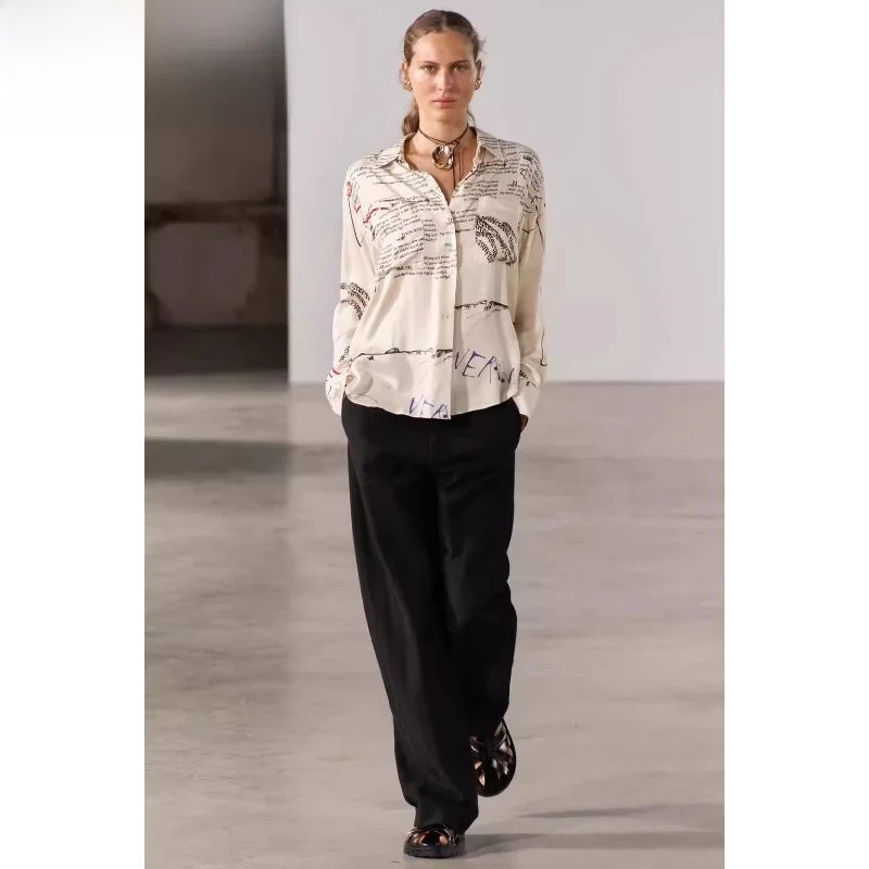 

Весна 2024, женская универсальная одежда Faion Long Sve с принтом irt, Новое поступление, свободный крой, классический воротник, обычная длина