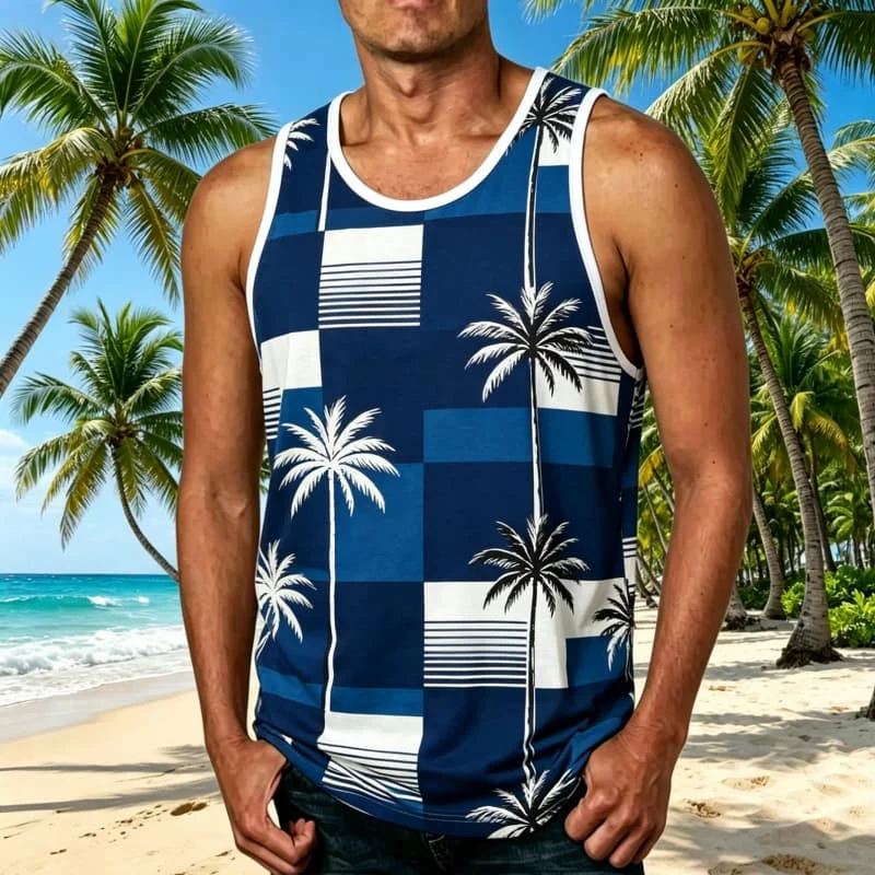 Men's Tropical Palm Tree Printed Sleeveless Tank Tops,  for Casual Weekends, Seaside Tours & Daily Streetwear