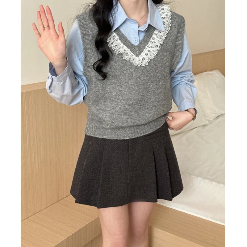 Gilet tricoté en dentelle à col en v pour femmes, pull ample sans manches de couleur unie