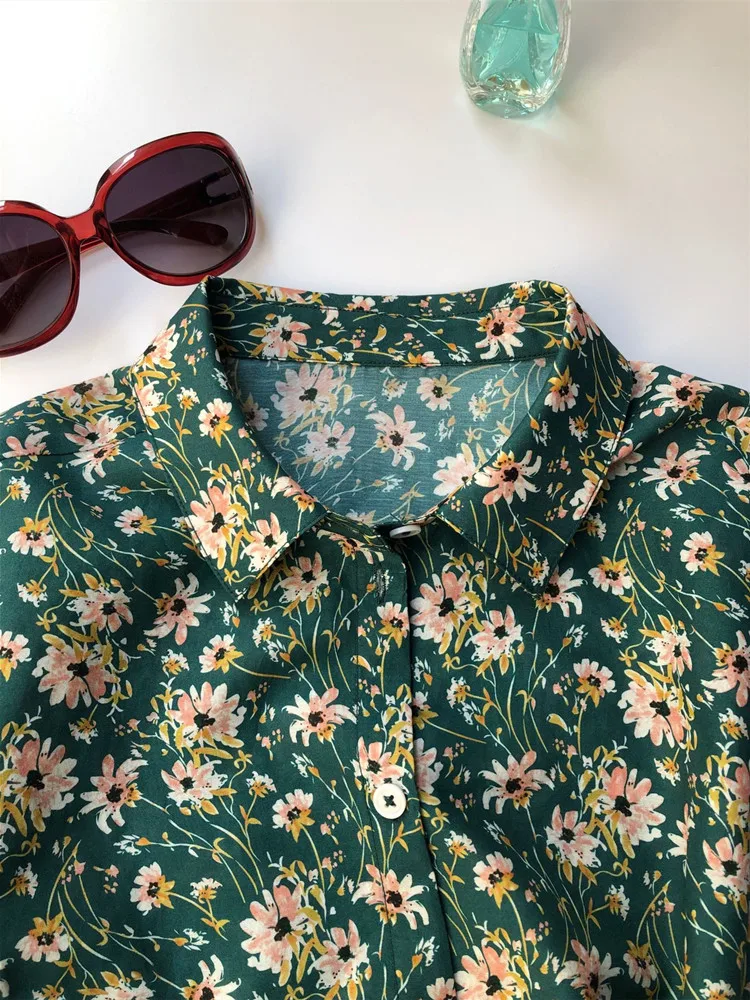 Seide Baumwolle mischt Frauen Langarmhemd grün Blumen druck Turn-Down-Kragen Vintage einreihige Damen bluse