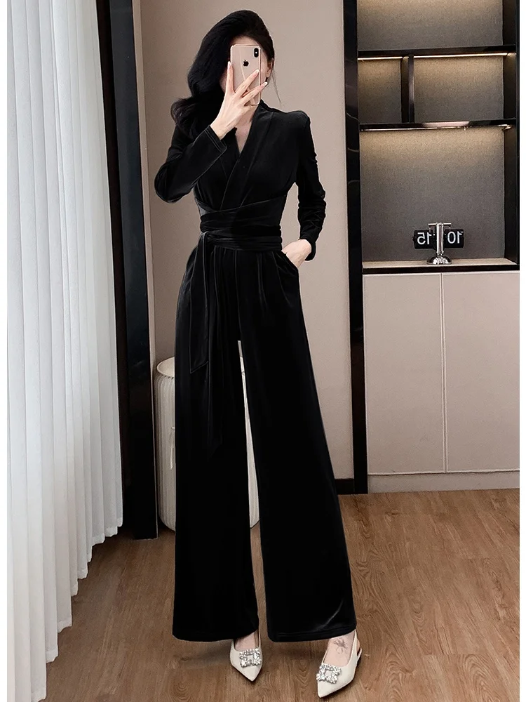 Woman High-End Fashion V Neck Belted Velvet Drape Waist Jumpsuit Trousers Office Lady Jumpsuits Elegant Overalls New Clothing