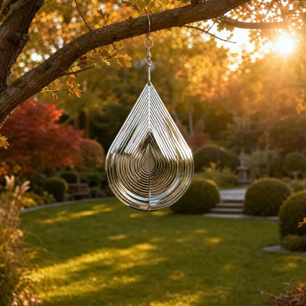 Metal Wind Spinner 3d Water Drop Wind Spinner Reflective Stainless Steel Garden Decoration Outdoor Hanging Patio for Yard