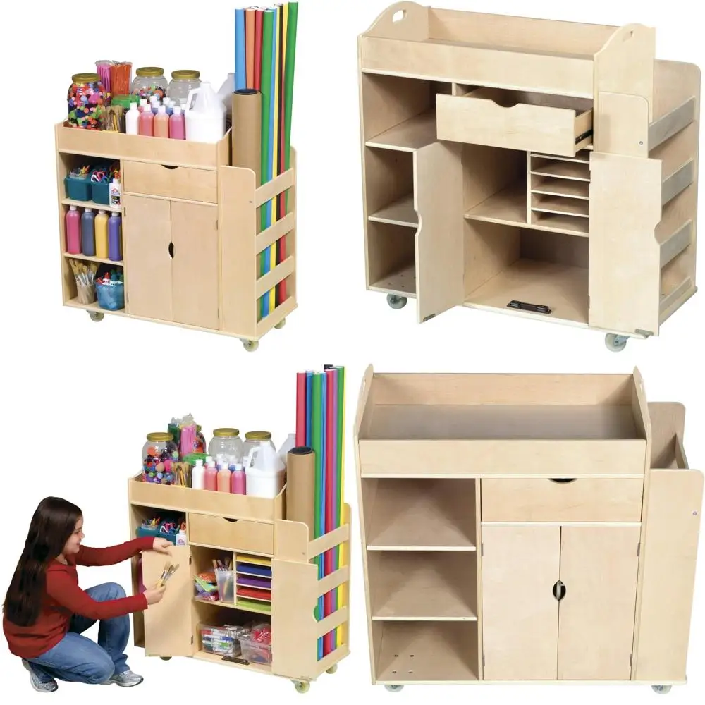 عربة تخزين مستلزمات فنية خشبية محمولة مع عجلات لأنشطة حرفية للفصل الدراسي