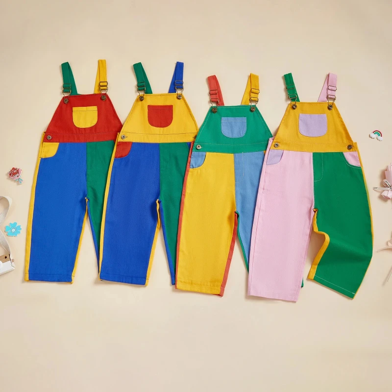 Denim Overalls Pants Hip Hop Jazz Contrast Color Sleeveless Square Neck Full Length Romper