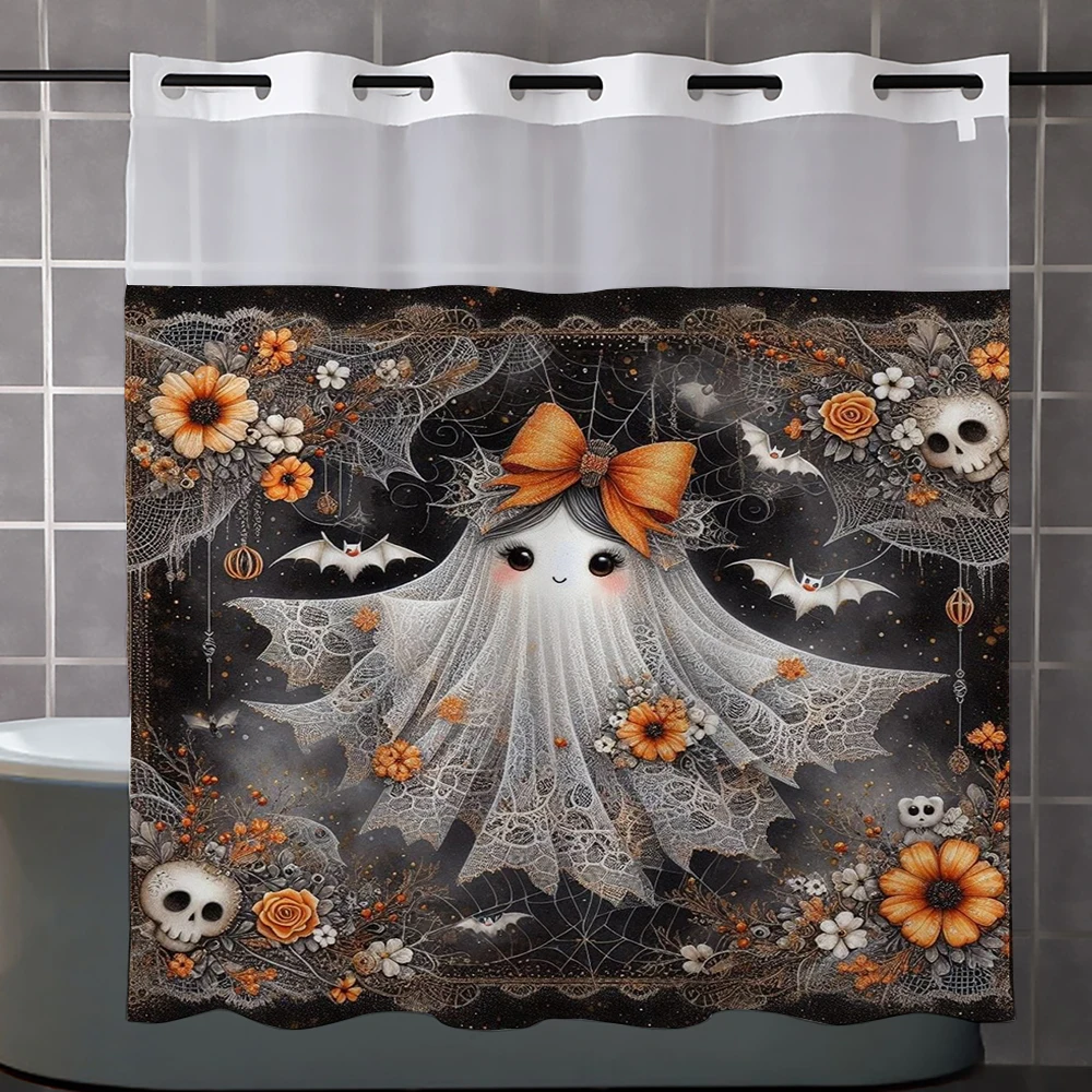 

Занавеска для душа без крючка с рисунком Хэллоуина и тканевой подкладкой, прозрачное верхнее окно, водонепроницаемая двухслойная занавеска для ванны
