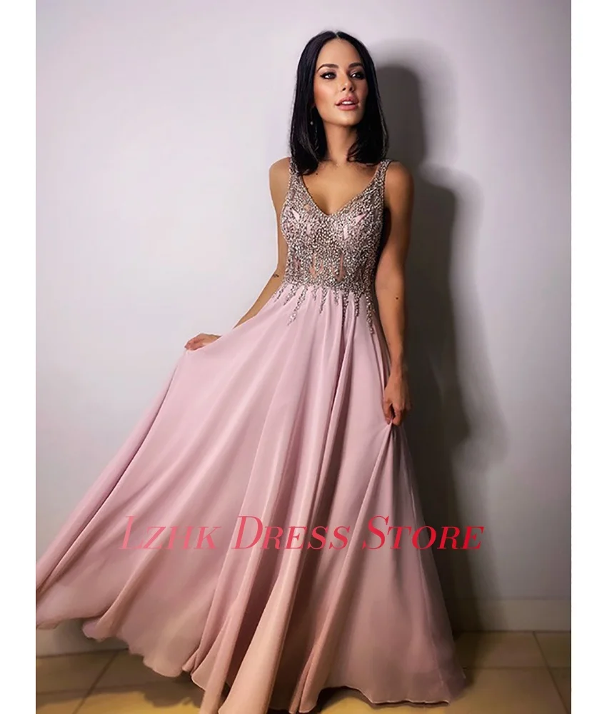 Aangepaste Luxe Chiffon A-lijn Kristal Spaghettibandjes Avondjurk Mode Lieverd Mouwloos فسات dhás namiة