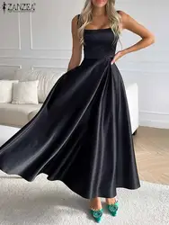 ZANZEA Women Satin Waisted Tank Dresses Vintage Sexy Strap Dress Summer Fashion Square Collar Maxi Vestidos Holiday Party Robe