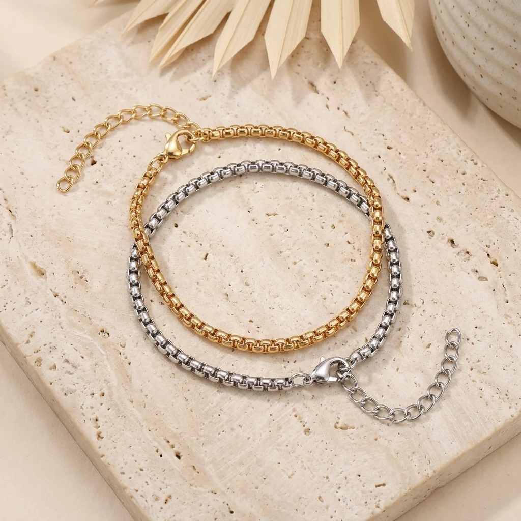 Daily Outfit Stacking Wrist Accessory Stainless Steel Thin Square Box Link Bracelet Gift for Party Wholesale Neck Bracelets