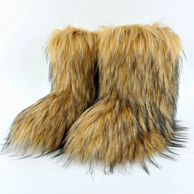

2025 Y2k Fur Snow Boots for Women Winter Warm Plush Boots Outdoor Platform Solid Color Mid Calf Boots Furry Cute Girl Shoes