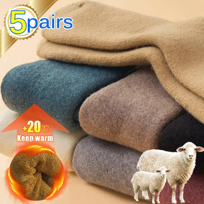 5pairs Thick Warm Women Winter Merino Wool Socks Super High Quality Harajuku Retro Snow Casual Antifreeze Cashmere Hosiery Men