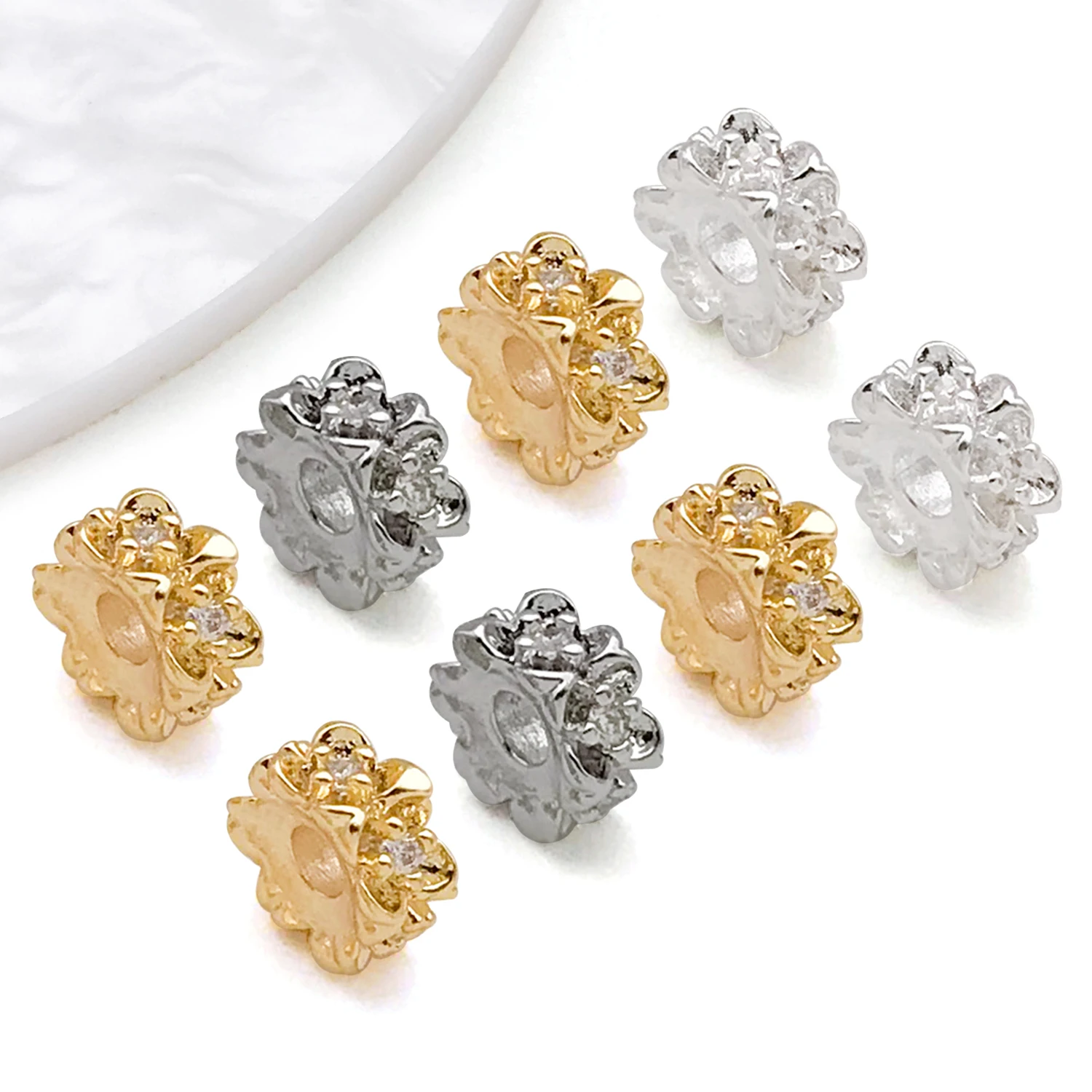 5pcs 18K Real Gold Plated Brass Zircon Rondelles Crystal Beads Round Loose Spacer Beads For DIY Jewelry Making Accessories - view 3