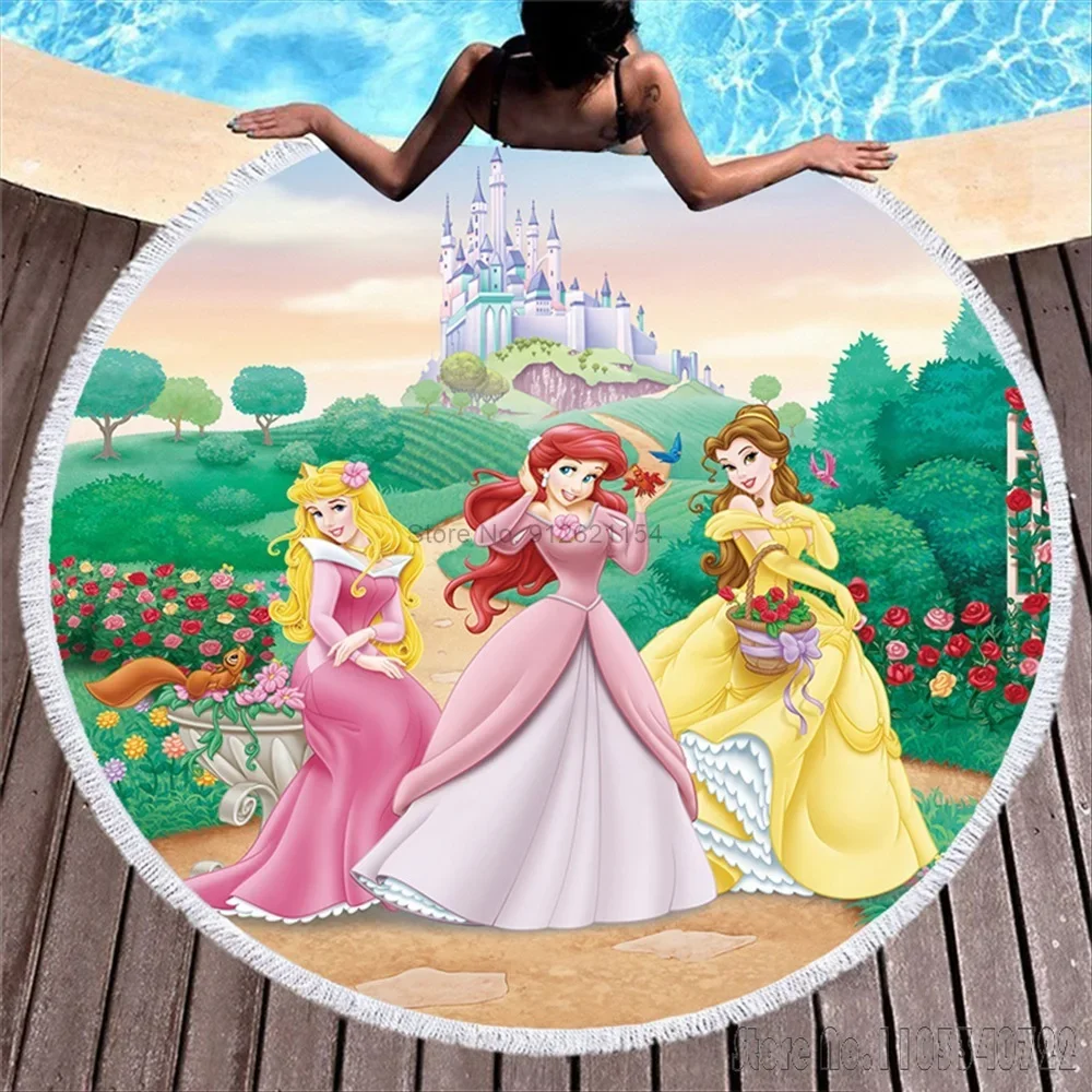 Disney Beautiful Snow White Princess Belle Round 150cm Beach Towel Children Kids Sport Swimming Hawaii Bath Towel with Tassel