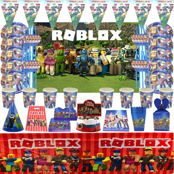 Roblox – ensemble de fournitures de fête d'anniversaire pour enfants, Robot chaud, vaisselle jetable, assiettes en papier, gobelets, ballons, décor de fête prénatale