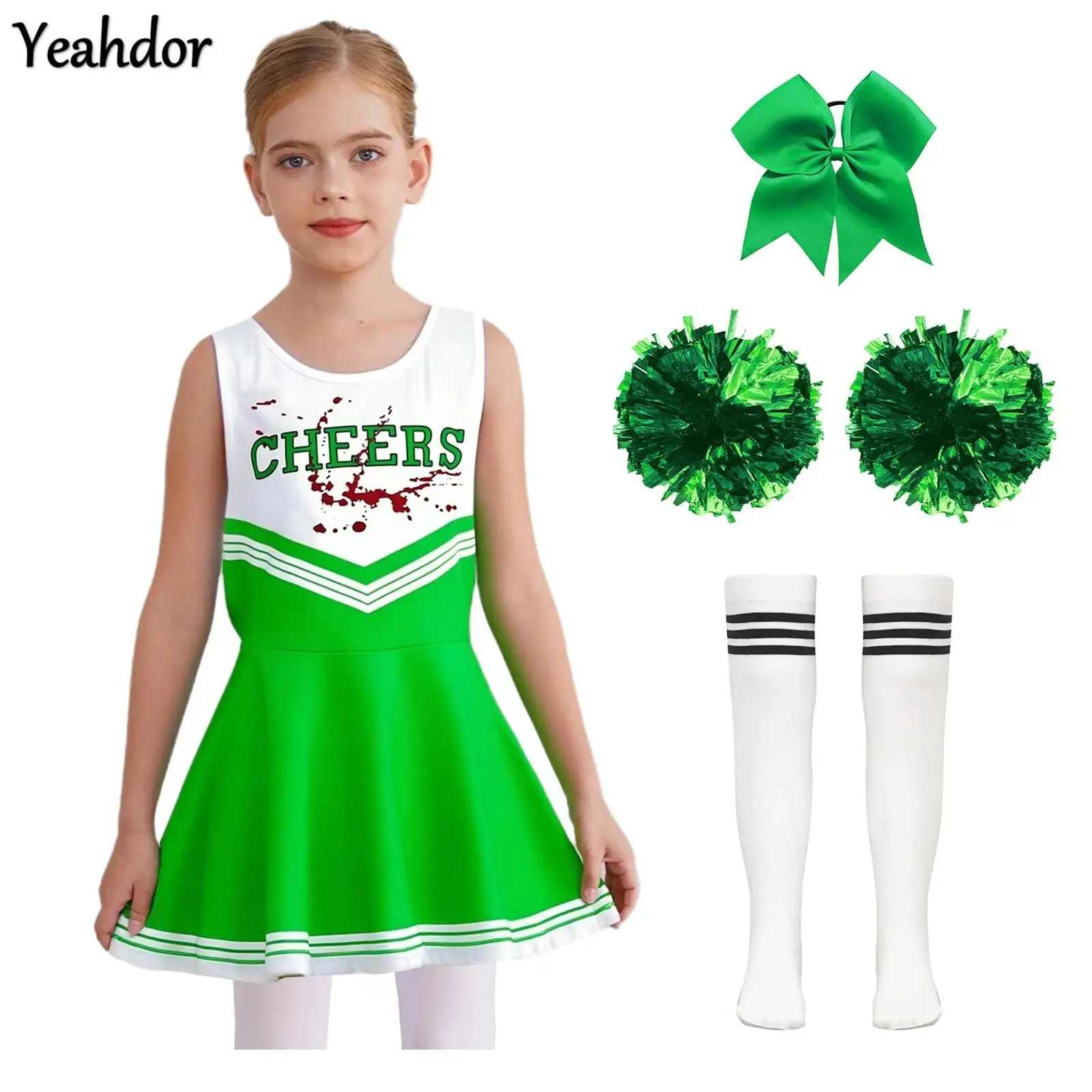 

School Girls Cheerleader Costume Letter Print Dress with Headwear Hand Flowers And Socks Cheerleading Uniform Outfits Dance Wear