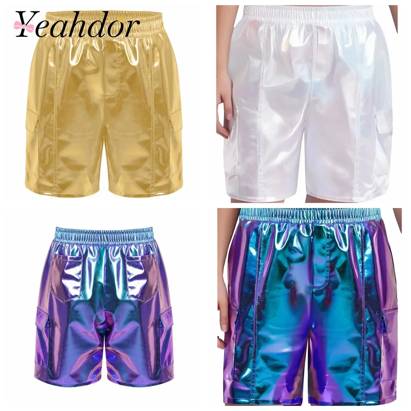 Kids Metallic Shorts for Girls Elastic Waist Cargo Shorts Childs Hip-hop Jazz Dance Stage Performance Costume Sparkle Dancewear