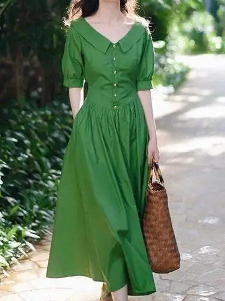 

Elegant Green Summer Dress Women's Fashion Bubble Sleeve Simple Style Beautiful Long Dress Commute Style Short Sleeve V-Neck