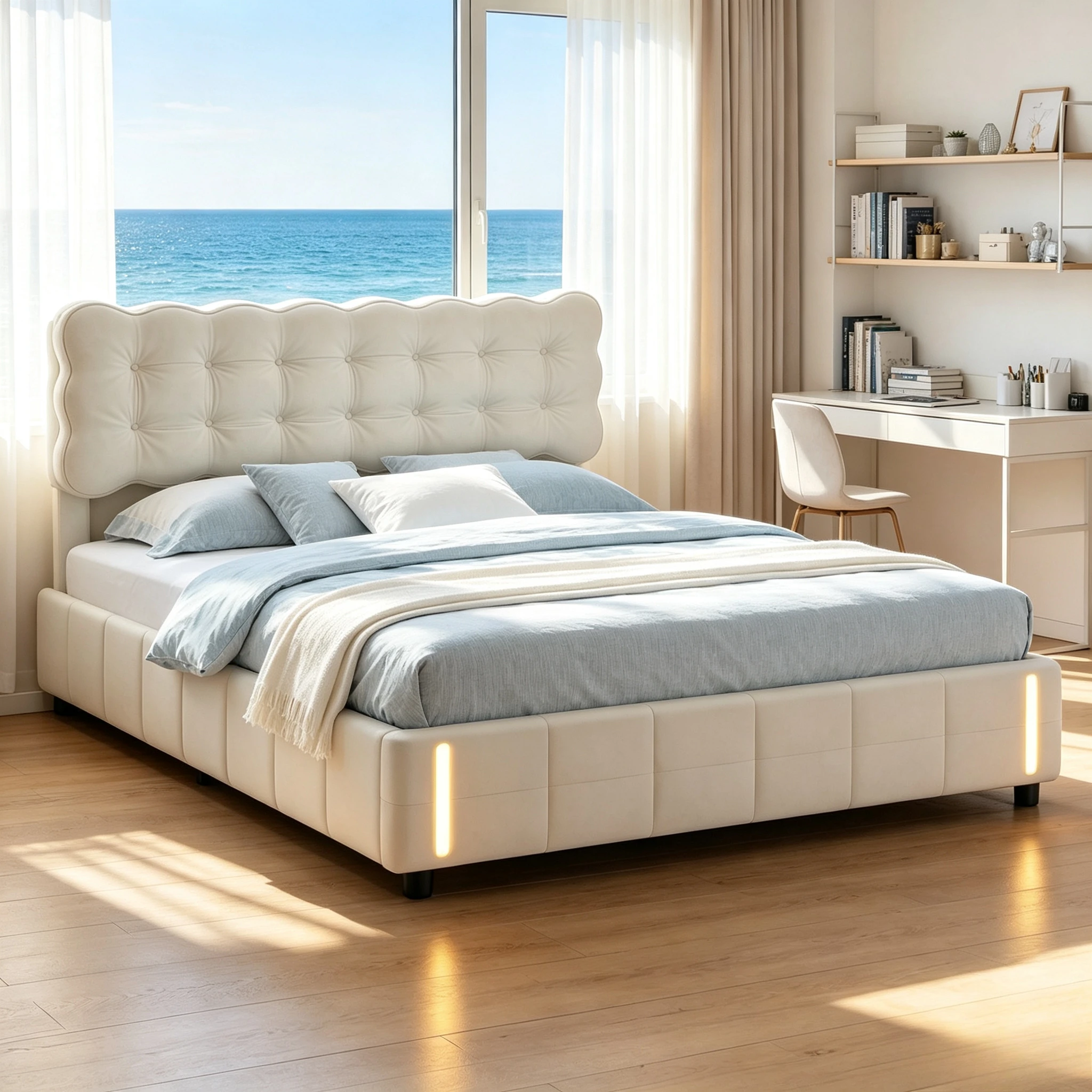 Lit double hydraulique Rosahqnda (140/160 x 200 cm) avec éclairage LED, sommier à lattes et rangement hydraulique. Convient aux chambres, appartements et chambres d'amis. Matelas non inclus.