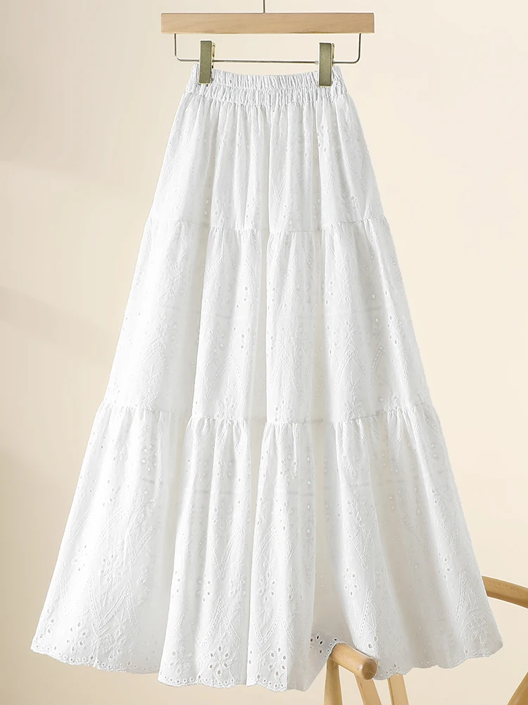 

Embroidered Lace Hollow out Hook Stitch Women's A-Line Midi Skirt Spring Summer Elastic Waist Cake Skirt Large Flounce