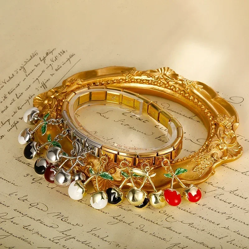 Hapiship 2024 Fashion New Women Gift Fruit Cherry Charm Italian Link Fit 9mm Bracelet Stainless Steel Making DIY Jewelry DJ745