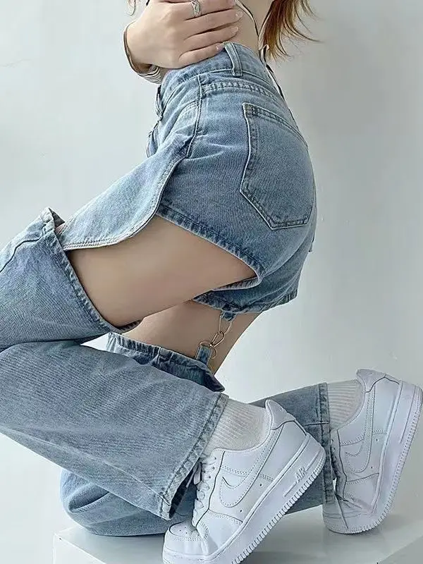 

Detachable High Waist Straight Leg Women's Jeans Ripped Denim Pants Casual Sle Summer Collection Loose Fit Deep Color