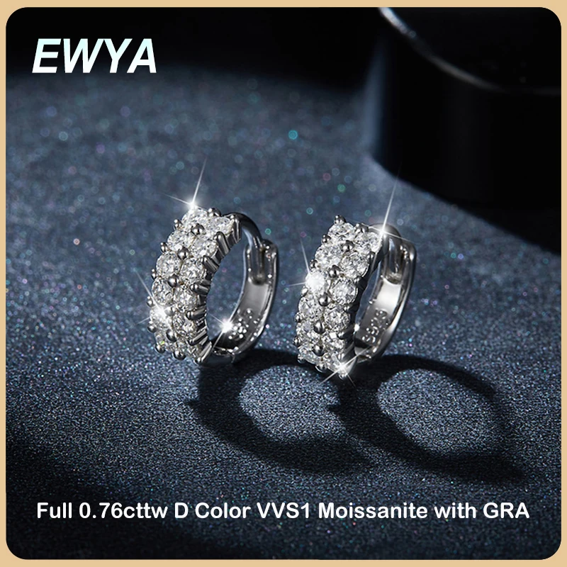 EWYA New In D Color 2-Row 0.76cttw Full Moissanite Hoop Earrings for Women Fine Jewelry S925 Silver Diamond Earring Ear Buckle