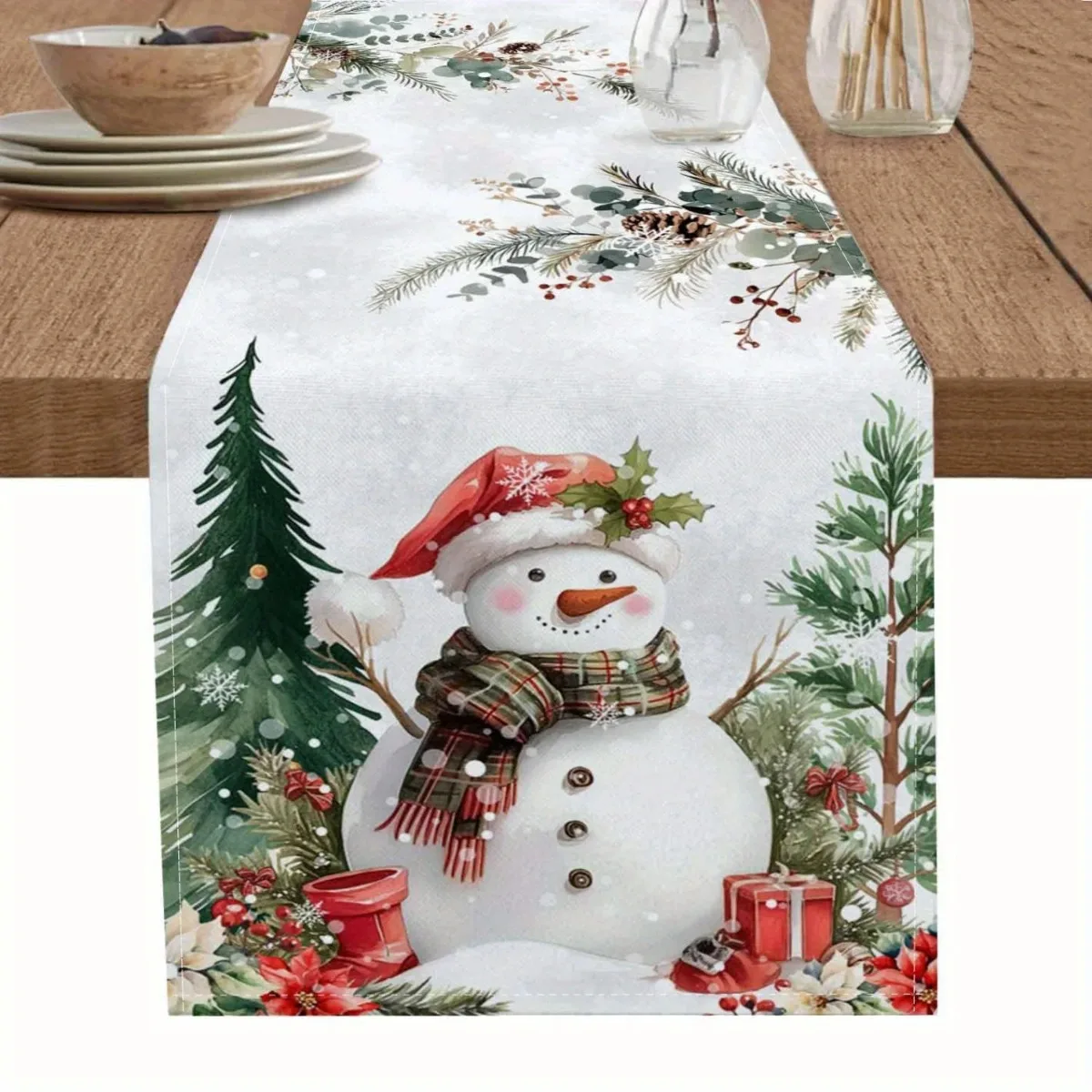 

Christmas Snowman Xmas Tree Berries Linen Table Runner Party Decor Reusable Winter Dining Table Runner Christmas Decorations