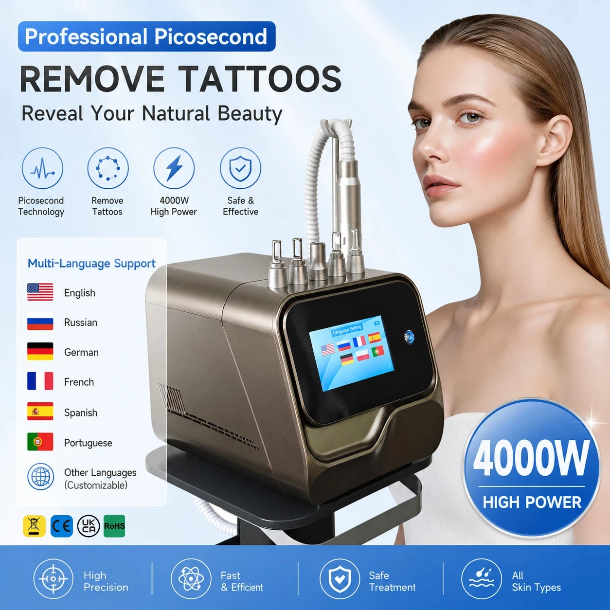 Machine de suppression de tatouages au laser picoseconde pour salon de beauté, clinique, spa, studio, femmes, hommes, appareil d'élimination des pigments, laser YAG carbone