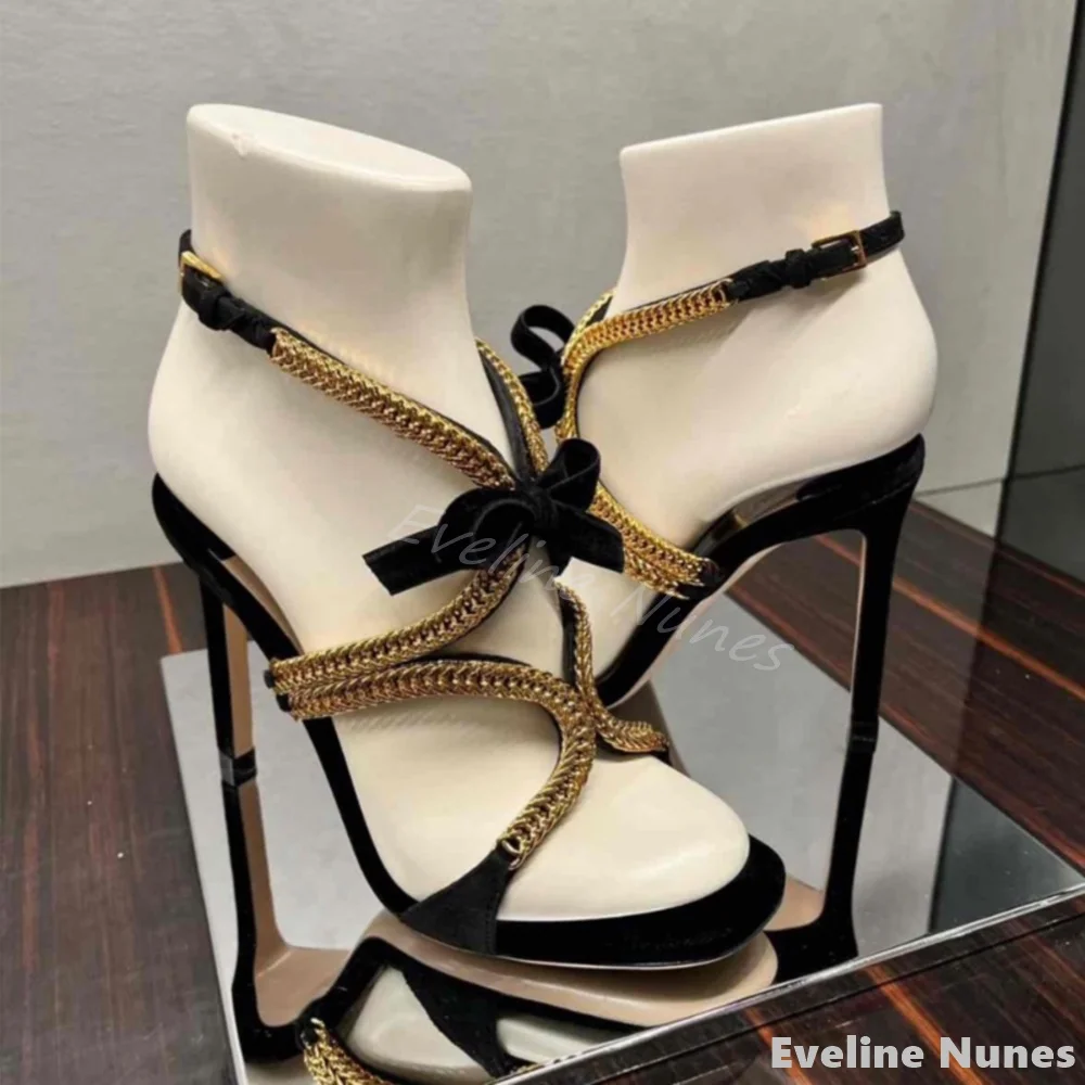 

Black & Gold Embellished Wind Metal Chain Sandals Women Open Toe Butterfly Knot Hollow High Heels Luxury Design Party Sexy Shoes