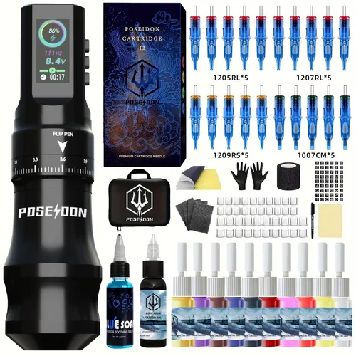 Imagen 1 del producto Kit de tatuaje POSEIDON, Kit de pluma de tatuaje de alta calidad para máquina de tatuaje de maquillaje permanente, nuevo Kit de pistola de tatuaje con fuente de alimentación de tatuaje genial