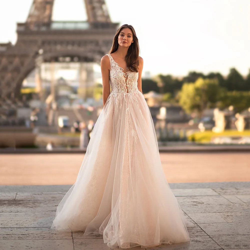 

Msikoods 2025 Sparkly Lace Wedding Dresses Boho Sequins Deep V Neck Tulle Brides Gown Backless A Line Bridal Dress Customized