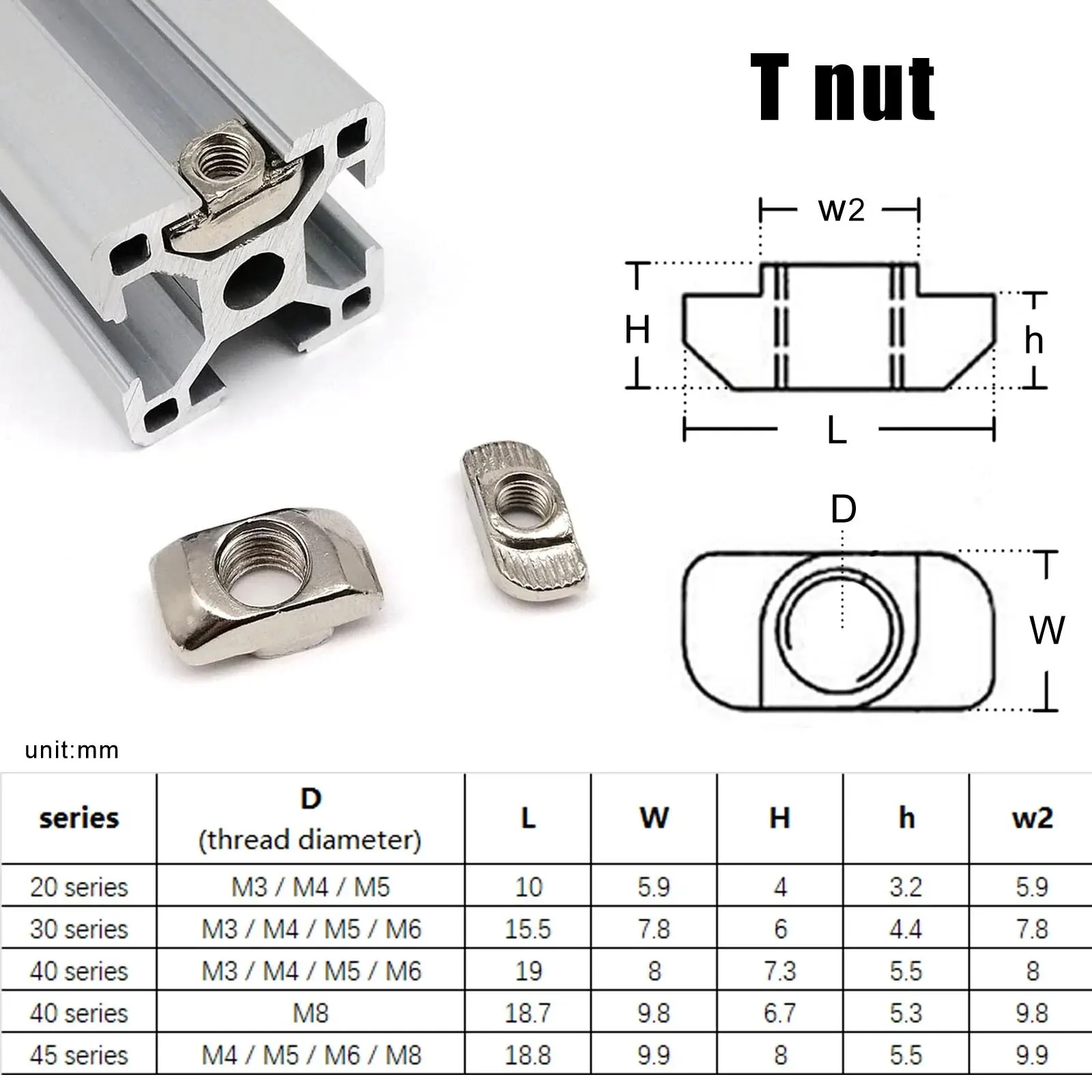 50/30/20szt M3 M4 M5 M6 T-nut T Ship Shape Młotek z nakrętką ślizgową do profili aluminiowych serii 20 30 40 Wytłaczanie gąsienic szczelinowych