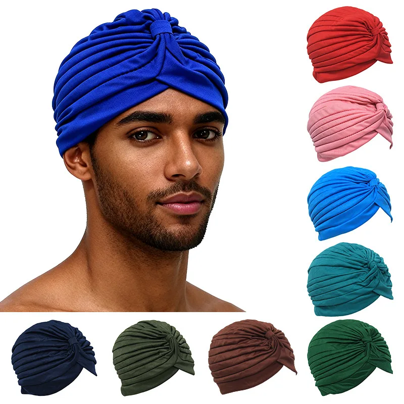 Solid Color Crinkle Turban Hat, Ethnic Stretch Head Wrap, Elastic Base Layer Beanie, Casual Watermelon Headwear