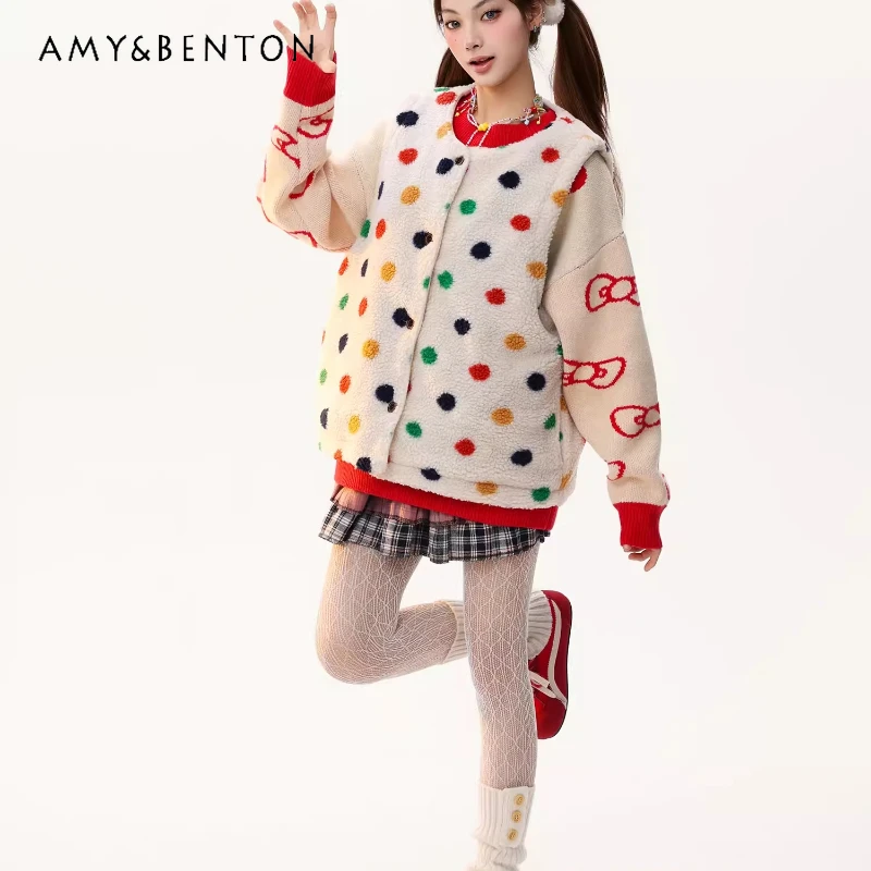 

2025 Autumn Winter Sweet Colorful Polka Dot Women's Vest Coat Original Design Reversible Warm Fluffy Plaid Vests Coats Ladies