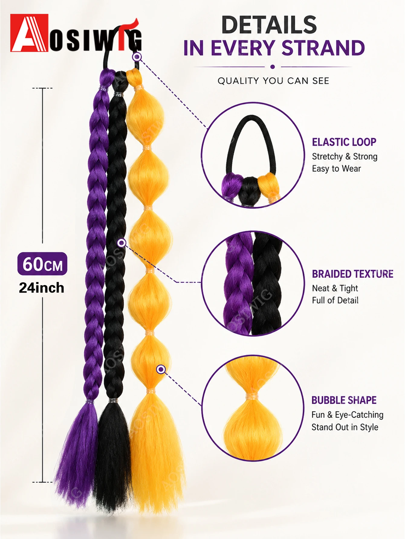Halloween Hair Accessory Synthetic Braided Ponytail Extension Elastic Loop Bubble Braided Ponytail For Women Cosplay Festival Pa