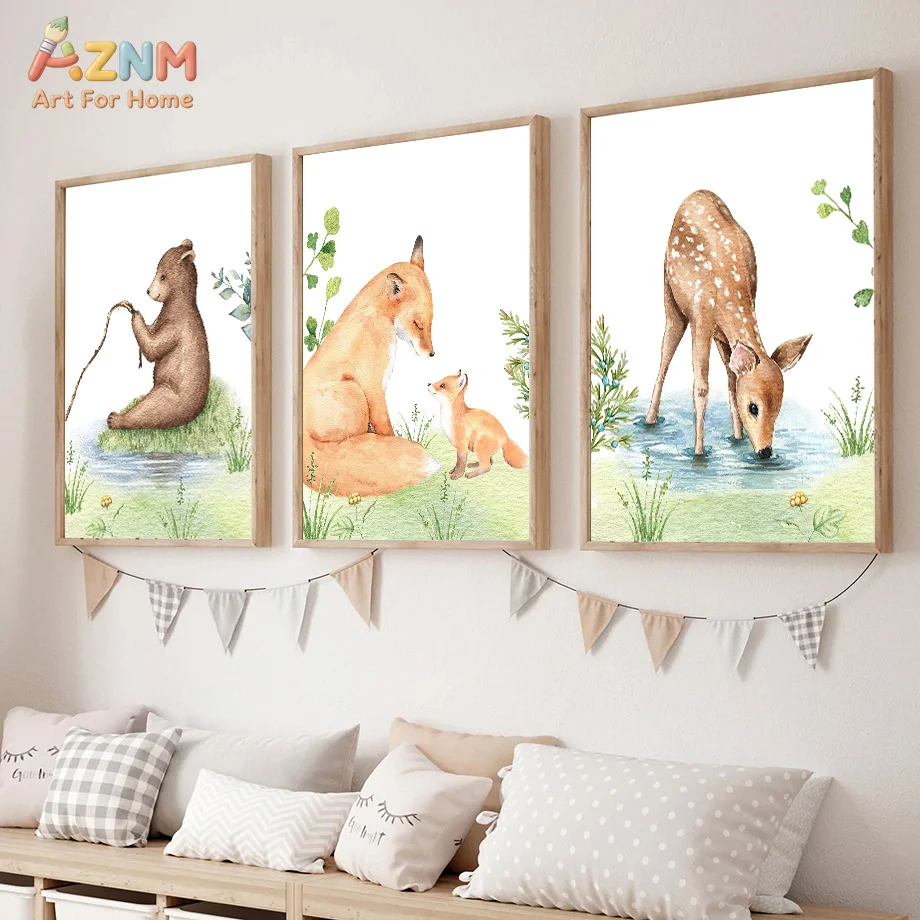 AZNM Watercolor Forest Animal Canvas Print Fishing Bear Mother Baby Fox Spotted Deer Green Plant Grass Lake Scenery Wall Poster