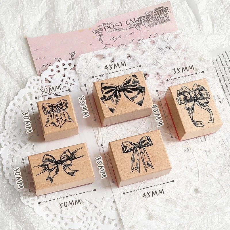 Vintage Bowknot Wooden Stamp for Gift Packing Decoration Multiple Patterns Wood Seal for Scrapbooking And Craft Supplies